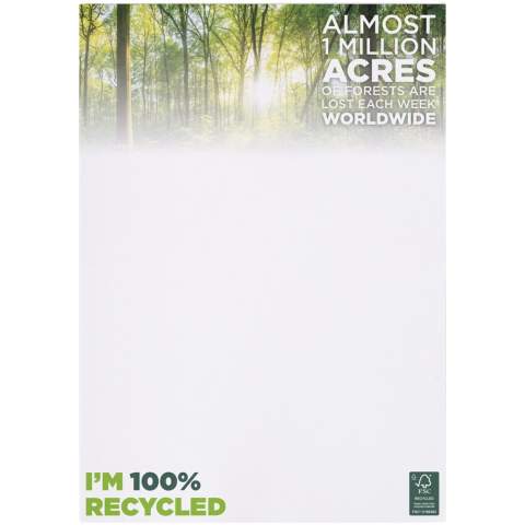 White A4 Desk-Mate® notepad with 80 g/m2 recycled paper. Full colour print available on each sheet. Available in 3 sizes (25/50/100 sheets).