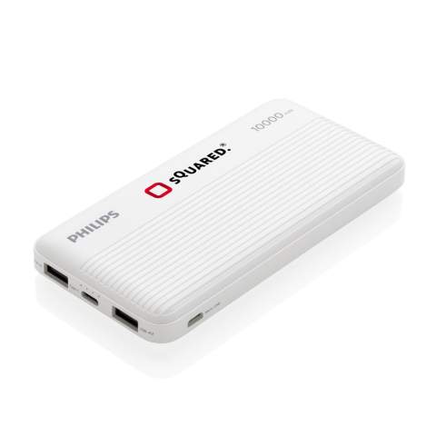 Philips Powerbank mit 10.000 mAh und dualem USB-A-Output. Fortschrittlicher Sicherheitsschutz und Ladestandssanzeigen. Langlebiger Li-Polymer-Akku. Eingang Micro-USB: 5V/2A; Type-C-Input: 5V/2A; USB-A Output 1: 5V/1A; USB-A Output 2: 5V/2.1A. Verpackt in Philips Geschenkbox<br /><br />PowerbankCapacity: 10000