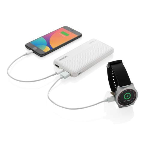 Philips Powerbank mit 10.000 mAh und dualem USB-A-Output. Fortschrittlicher Sicherheitsschutz und Ladestandssanzeigen. Langlebiger Li-Polymer-Akku. Eingang Micro-USB: 5V/2A; Type-C-Input: 5V/2A; USB-A Output 1: 5V/1A; USB-A Output 2: 5V/2.1A. Verpackt in Philips Geschenkbox<br /><br />PowerbankCapacity: 10000