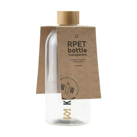 WoW! Drinking bottle made from 100% RPET. With bamboo screw cap. Leak proof and BPA-free. Not dishwasher-safe. Capacity 500 ml. Made in Europe. Optional: Each item supplied in a kraft cardboard box and/or with a kraft tag.