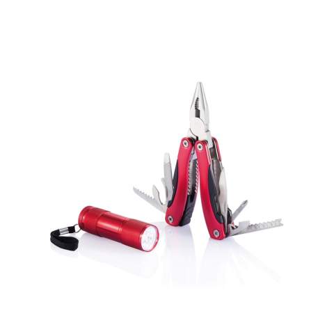 Set mit 14 Funktionen, Multitool aus Edelstahl mit Aluminium überzogenem Griff, sowie einer Aluminiumtaschenlampe mit 9 LED. Inklusive Batterien.<br /><br />Lightsource: COB LED<br />LightsourceQty: 9