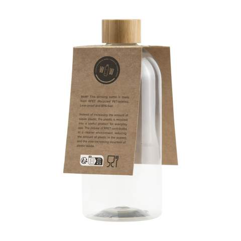 WoW! Drinking bottle made from 100% RPET. With bamboo screw cap. Leak proof and BPA-free. Not dishwasher-safe. Capacity 500 ml. Made in Europe. Optional: Each item supplied in a kraft cardboard box and/or with a kraft tag.