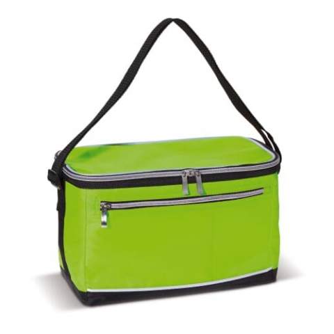 Polyester cool bag with adjustable handle (1200x30mm). One big cooler compartment and a small pocket on the front. Both with zipper closure.