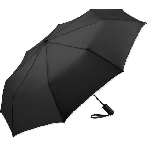 Sturdy automatic pocket umbrella with trendy reflective piping without protective function Convenient automatic function for quick opening, high-quality windproof system for maximum frame flexibility in stormy conditions, cover with trendy reflective piping in silver, Soft-Touch handle with shiny push-button and promotional labelling option, sleeve with trendy reflective piping