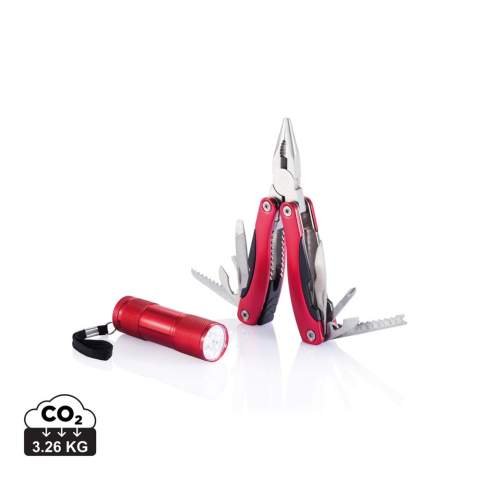 Set mit 14 Funktionen, Multitool aus Edelstahl mit Aluminium überzogenem Griff, sowie einer Aluminiumtaschenlampe mit 9 LED. Inklusive Batterien.<br /><br />Lightsource: COB LED<br />LightsourceQty: 9