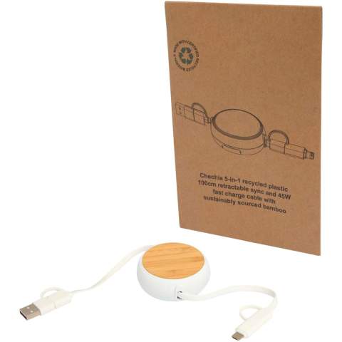 The Chechia 5-in-1 retractable data sync and 45W fast charge cable is made from recycled plastic accented with responsibly sourced bamboo. The cable features USB-A and a Type-C input connectors combined with a 2-in-1 Type-C and Lightning/Micro USB combi output connector. USB-C to USB-C provides a power output of max 45W, USB-A to USB-C max 24W, and all other connection options max 15W. Compatible with both CarPlay and Android Auto, and it also features a built-in phone stand for added convenience. Whether you’re at home, in the office, or on the move, the Chechia cable delivers performance and style in one compact package. Cable length: 100 cm.