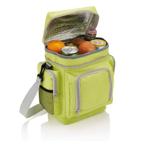 Convenient 600D polyester cooler bag with multiple compartments and adjustable shoulder strap. PVC free.