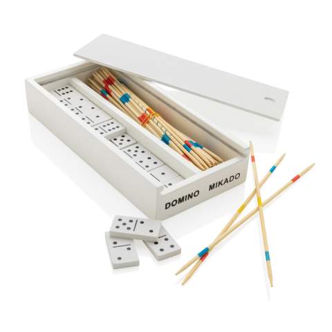 Schaffen Sie lustige Momente mit diesen klassischen Spielen! Die Box enthält Mikado und Domino. Das Mikado-Spiel enthält 41 Stäbchen und das Domino-Spiel 28 Blöcke in einer weißen Holzbox. Hergestellt aus FSC®-zertifiziertem Holz. Wird in einer FSC®-zertifizierten Geschenkverpackung aus Kraftpapier geliefert.