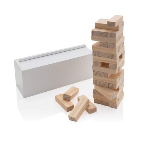 How high can you go? See how high you can stack the wooden blocks before they tumble with this fun tumbling tower game. The 48 blocks can be easily put away in the wooden box with lid. Made with FSC®certified wood. Comes in FSC®certified kraft gift packaging.