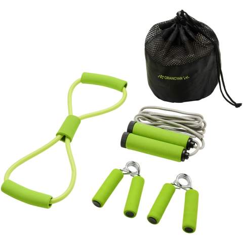 Fitness set with all the tools needed for a perfect work-out. Two hand grip trainers, skipping rope and chest expander in matching colour material. Comes in a mesh pouch for easy carrying and has a large decoration area.