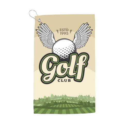 Serviette de golf avec votre propre impression couleur unique. Fabriqué en 40% microfibre et 60% coton (400 g/m²). Cette serviette de golf de qualité dispose d'un œillet avec mousqueton pour que vous puissiez l'accrocher à votre sac pour un accès facile pendant votre partie de golf. Cette serviette est légère et absorbe rapidement l'humidité. Par pièce sous cellophane.