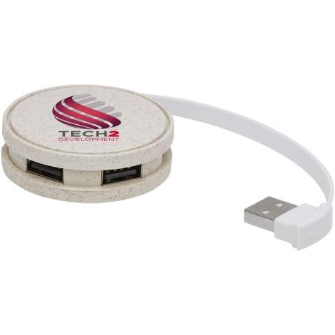 Concentrateur USB 2.0 rond en paille de blé (40 % paille de blé, 60 % plastique PP) avec 4 ports USB-A pour connecter plusieurs appareils simultanément. Il est livré avec un câble USB fixe en TPE de 14,5 cm qui peut être facilement rangé à l'intérieur du concentrateur. Vitesse de transfert de 160 Mo/s. L'impression des deux côtés est possible. Livré dans un coffret cadeau comprenant un manuel d'instructions (tous deux fabriqués à partir de matériaux durables).