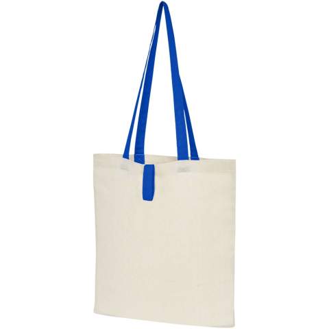 Tote bag with an open main compartment and coloured handles with a dropdown height of 32 cm. Features a strap with button closure to keep the bag folded. Resistance up to 8 kg weight. 