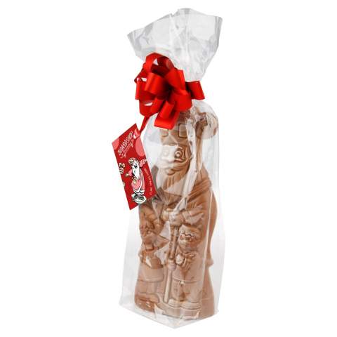 Large hollow milk chocolate Sinterklaas doll approx. 300 grams in a transparent bag, provided with a full color double-sided printed card.