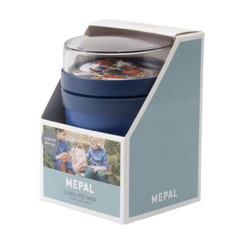 This sustainable, plastic food jar made by Mepal is a handy product for transporting your lunch or snack. The food jar has two compartments. You can separate the two with a twisting motion. Both parts have a separate lid. The ideal solution for preventing spills while mixing. The volume of the upper transparent compartment is 120 ml, which means that it holds about 50 grams of muesli or fruit. The volume of the bottom compartment is 300 ml, enough for a generous portion of soup, noodles or yoghurt. A premium high-quality product. BPA-free, Food Approved and leak-proof. Microwave safe (except lid) and freezer safe. Comes with a 2-year Mepal manufacturer's warranty. Made in Holland.   STOCK AVAILABILITY: Up to 1000 pcs accessible within 10 working days plus standard lead-time. Subject to availability. Packed individually.