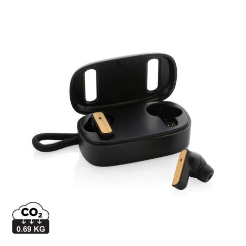 Next generation FSC® 100% Bamboo true wireless earbuds in RCS recycled ABS charging case. The earbuds and charging case are made with RCS (Recycled Claim Standard) certified recycled ABS. Total recycled content: 58% based on total item weight. RCS certification ensures a completely certified supply chain of the recycled materials. The perfectly fitting earbuds have a 40 mAh battery and can be re-charged in the 400 mAh charging case within 1 hour. With auto pairing function so easy to pair to your mobile device. Playing time on medium volume about 5 hours. With BT 5.3 for optimal connection. Operating distance up to 10 metres. With pick up and mic. Including 3 size silicone ear tips. Including GRS certified recycled TPE charging cable. Packed in FSC® mix kraft packaging. Item and accessories 100% PVC free.<br /><br />HasBluetooth: True<br />PVC free: true