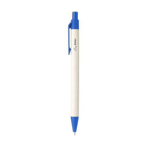 WoW! Stylo à bille à encre bleue. Le corps de ce stylo est fabriqué à partir de briques de lait recyclés. Le clip, le bouton poussoir et la pointe sont en PLA. Le PLA est un matériau biodégradable fabriqué à partir d'amidon de maïs produit par des plantes – naturel et renouvelable. En raison de l'utilisation de matériaux recyclés, petites imperfections dans le matériau peuvent être visibles. Cela confère au produit un aspect unique.