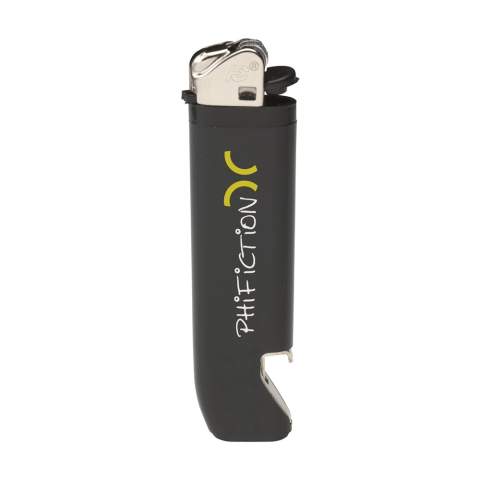 Quality lighter of the brand Flameclub® with a handy bottle opener and adjustable flame. Equipped with child lock. NEN-certified: EN13869. TÜV-certified and ISO-certified: ISO9994. Lighter are only supplied with print.