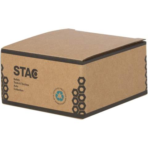 5-metre steel and iron measuring tape including an iron belt clip and a polyester wrist strap. Shows centimetres and inches. The case is made of 17% RCS certified recycled plastic and 3% recycled TPE. The Recycled Claim Standard (RCS) verifies the recycled content of a product throughout the entire supply chain. Packed in a STAC gift box from sustainable sources.