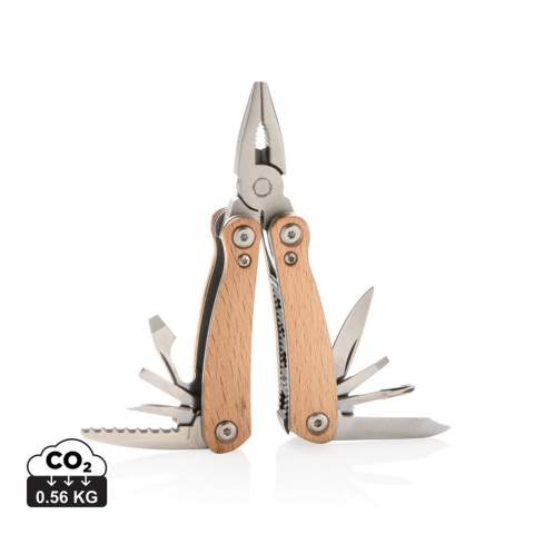 Multitool mit Buchengriff. 12 Funktionen aus Edelstahl wie eine Zange, Messer, Schraubendreher, Säge, Dosenöffner und vielem mehr. In Geschenkbox verpackt.