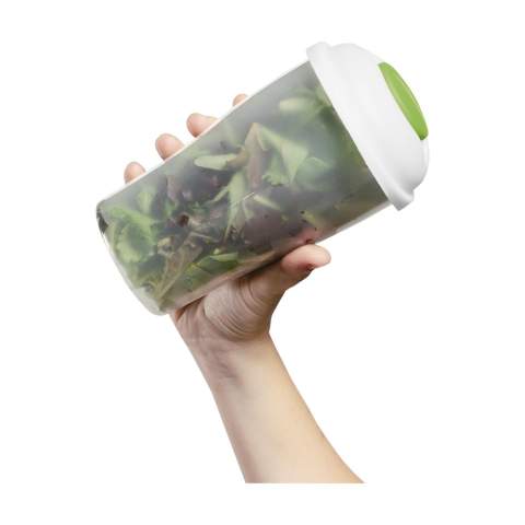 Shaker à salade en matière synthétique solide. Avec couvercle amovible, compartiment étanche pour vinaigrette et fourchette. S'utilise également pour les salades de fruits et de pâtes. Capacité 900 ml.