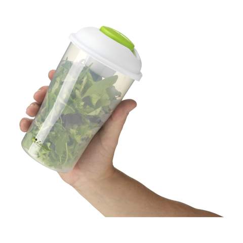 Shaker à salade en matière synthétique solide. Avec couvercle amovible, compartiment étanche pour vinaigrette et fourchette. S'utilise également pour les salades de fruits et de pâtes. Capacité 900 ml.