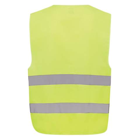 Unisex Class 2 high-visibility warning vest that is designed for individuals with heights ranging from 164 to 198 cm. This vest offer ample space for large decorations on both the front and back, making them ideal for professional use where visibility is paramount. It features a fluorescent background coupled with reflective tape, ensuring compliance with the EN ISO 20471:2013+A1:2016 standard. Furthermore, the garments are marked with the CE symbol to affirm their adherence to EU Regulation 2016/425/EU, categorizing it as Personal Protective Equipment Category II. Made with GRS certified recycled PET. Total recycled content: 67% based on total item weight. GRS certification ensures a completely certified supply chain of the recycled materials.