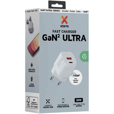 De 20 W GaN² Ultra-wandoplader is compacter en krachtiger dan ooit tevoren. Met zijn compacte ontwerp en functionaliteit met twee poorten is deze wandoplader perfect voor onderweg, op kantoor of thuis. Om afval te verminderen en bij te dragen aan een duurzamere toekomst, is de oplader gemaakt van 97% gerecycled plastic. Uitgang: 1 USB-C 20 W voeding en 1 USB-A 18 W Quick Charge 3.0. Geleverd met handleiding.