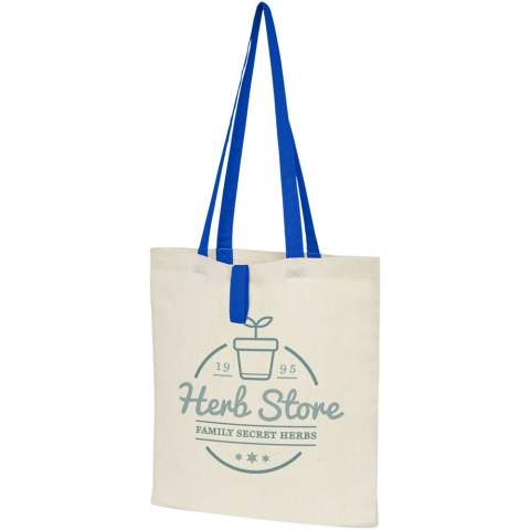 Tote bag with an open main compartment and coloured handles with a dropdown height of 32 cm. Features a strap with button closure to keep the bag folded. Resistance up to 8 kg weight. 