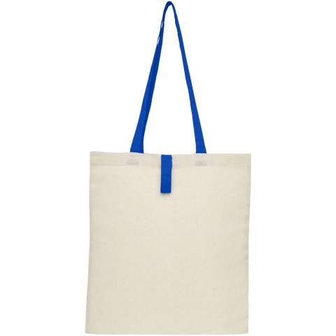 Tote bag with an open main compartment and coloured handles with a dropdown height of 32 cm. Features a strap with button closure to keep the bag folded. Resistance up to 8 kg weight. 