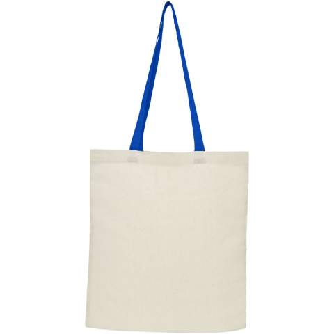 Tote bag with an open main compartment and coloured handles with a dropdown height of 32 cm. Features a strap with button closure to keep the bag folded. Resistance up to 8 kg weight. 