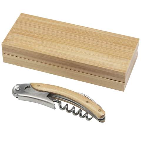 Stainless steel waitress knife featuring a corkscrew and a retractable foil knife, with natural bamboo on the handle. The bamboo used is sourced and produced following sustainable standards.