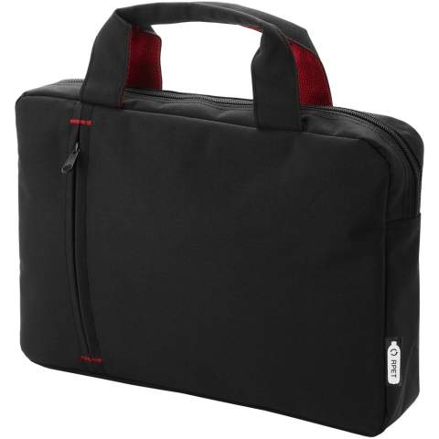 Conference bag made of recycled PET plastic featuring a zippered main compartment and front zipper pocket, with reinforced top carry handles and trendy color contrast elements.