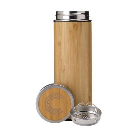 Double-walled, leak proof, vacuum-insulated stainless steel thermo bottle/thermo cup with bamboo finish. Includes a removable stainless steel tea strainer. Capacity 360 ml. Each item is supplied in an individual brown cardboard box.