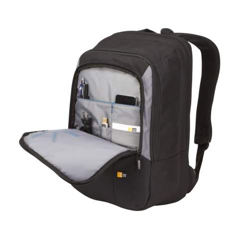 Complete 17 inch laptoprugzak van het merk Case Logic. Deze tas van dobbynylon heeft een praktische indeling. Het aparte laptopvak is voor driekwart te openen, geschikt voor breedbeeld laptops tot maximaal 17 inch en voorzien van beschermend foam. Een extra vak biedt ruimte aan boeken, documenten en mappen. Het Smart Organization vak is handig voor het opbergen van elektronica, pennen en andere accessoires. Aan de voorzijde is een Speed Pocket™ verwerkt: een gemakkelijk toegankelijke plek voor het opbergen van kostbaarheden, reisdocumenten en/of identiteitsbewijzen. Met gaasvak, verstelbare, comfortabele schouderriemen en gevoerd handvat. De tas heeft stevige ritsen. De foamversteviging aan de rugzijde staat garant voor extra draagcomfort. Inhoud 25 liter.