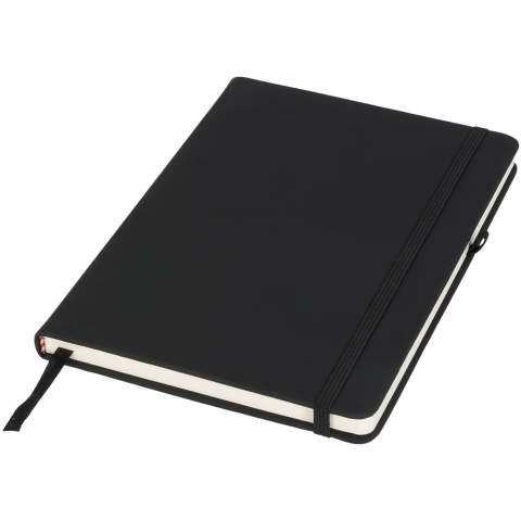 The Noir notebook has a soft-feel black PU cover, for creating a tactile finish to the notebook. Each notebook has a coloured closure strap, pen loop and ribbon page marker. The notebook contains 96 sheets (70g/m2) cream lined paper.