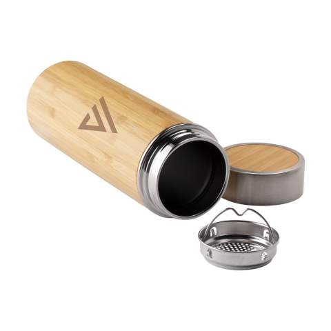 Double-walled, leak proof, vacuum-insulated stainless steel thermo bottle/thermo cup with bamboo finish. Includes a removable stainless steel tea strainer. Capacity 360 ml. Each item is supplied in an individual brown cardboard box.