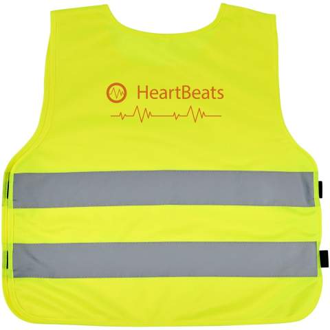 High visibility vest in XXS size suitable for kids age 3-6 years with a height between 70-104 cm. Large decoration area on the front and on the back of the vest. On the shoulder and the bottom elastic bands there are hook & loop closures, that offers extra safety and makes the vest easy to put on. The elastic bands on the other side makes it stretchable allowing easy wearing on thick coats. The vest is tested and certified under regularions EN 1150:1999. It also adheres to the PPE guidelines on application of Regulation (EU) 2016/425 Personal Protective Equipment Category II.