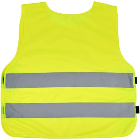 High visibility vest in XXS size suitable for kids age 3-6 years with a height between 70-104 cm. Large decoration area on the front and on the back of the vest. On the shoulder and the bottom elastic bands there are hook & loop closures, that offers extra safety and makes the vest easy to put on. The elastic bands on the other side makes it stretchable allowing easy wearing on thick coats. The vest is tested and certified under regularions EN 1150:1999. It also adheres to the PPE guidelines on application of Regulation (EU) 2016/425 Personal Protective Equipment Category II.