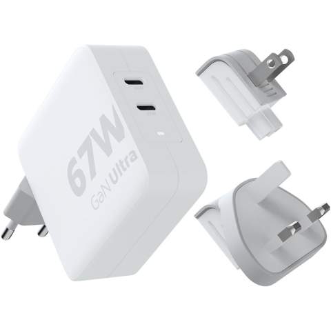 The 67W GaN Ultra travel charger is designed to be more compact and powerful than ever before. With its compact design and dual-port functionality, this travel charger is perfect for your travels, office, or home. With the included EU, UK, and US, AC plug options and the 100W USB-C PD cable (2 metres), you have everything you need to charge your devices all over the world!