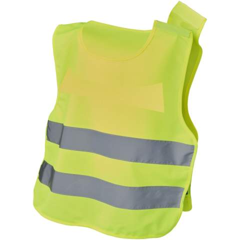 High visibility vest in XXS size suitable for kids age 3-6 years with a height between 70-104 cm. Large decoration area on the front and on the back of the vest. On the shoulder and the bottom elastic bands there are hook & loop closures, that offers extra safety and makes the vest easy to put on. The elastic bands on the other side makes it stretchable allowing easy wearing on thick coats. The vest is tested and certified under regularions EN 1150:1999. It also adheres to the PPE guidelines on application of Regulation (EU) 2016/425 Personal Protective Equipment Category II.