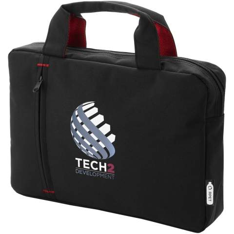 Conference bag made of recycled PET plastic featuring a zippered main compartment and front zipper pocket, with reinforced top carry handles and trendy color contrast elements.