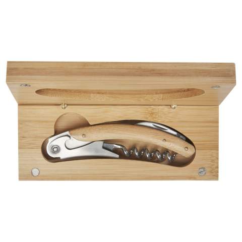 Stainless steel waitress knife featuring a corkscrew and a retractable foil knife, with natural bamboo on the handle. The bamboo used is sourced and produced following sustainable standards.