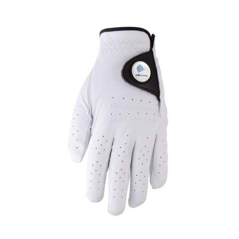 Cabretta-leather golf glove with a magnetic ball marker with doming