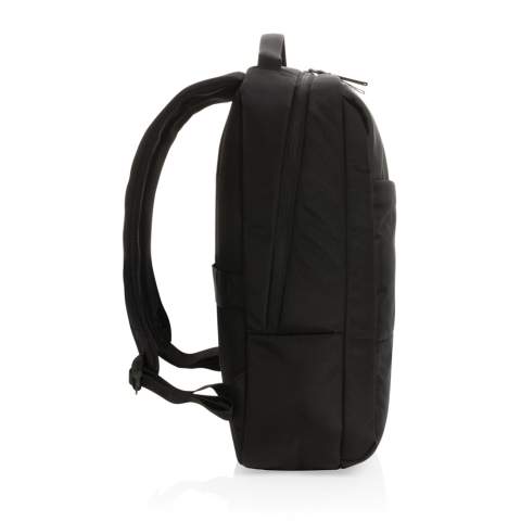 Protect, organise and carry your laptop and other essentials in this stylish Swiss Peak laptop backpack. The backpack features a padded 15.6 laptop compartment, multiple pockets and a luggage strap. With AWARE™ tracer that validates the genuine use of recycled materials. Each bag has reused 22.6 0.5L PET bottles. 2% of proceeds of each Impact product sold will be donated to Water.org. PVC free.<br /><br />FitsLaptopTabletSizeInches: 15.6<br />PVC free: true