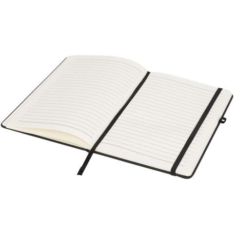 The Noir notebook has a soft-feel black PU cover, for creating a tactile finish to the notebook. Each notebook has a coloured closure strap, pen loop and ribbon page marker. The notebook contains 96 sheets (70g/m2) cream lined paper.