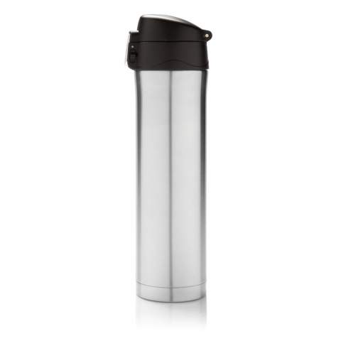 Double wall stainless steel vacuum flask that keeps your drink warm for up to 5 hours or cool up to 15 hours. The lid is lockable and therefore avoids any risk of leaking or spilling. The lid is easy to keep clean for optimal hygiene and can even be washed in the dishwasher. The unique design of the flask allows you to drink conveniently and safely with one hand directly from the flask. The size of the flask is suitable to place in any car drink holder. Capacity: 450 ml.<br /><br />HoursHot: 5<br />HoursCold: 15
