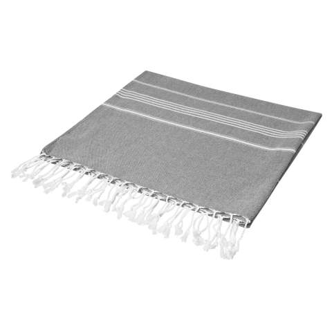 This hamam towel is perfect for customers looking for a practical and stylish promotional gift. The size of 90x180cm is ideal for the beach, sauna, or just at home. The towel is made of high-quality poly-cotton blend, which combines the benefits of cotton and polyester. The towel can be personalized with a transfer or a side label, making it a unique and personalized gift. Print the towel with a logo or text and you have a perfect promotional gift for your customers.