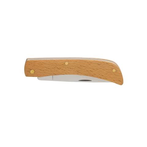 Couteau pliable fabriqué avec du bois de hêtre FSC 100% et une lame en acier inoxydable de qualité (420). Dureté Rockwell 42-52. Emballé dans une boîte en kraft FSC mix.<br /><br />PVC free: true