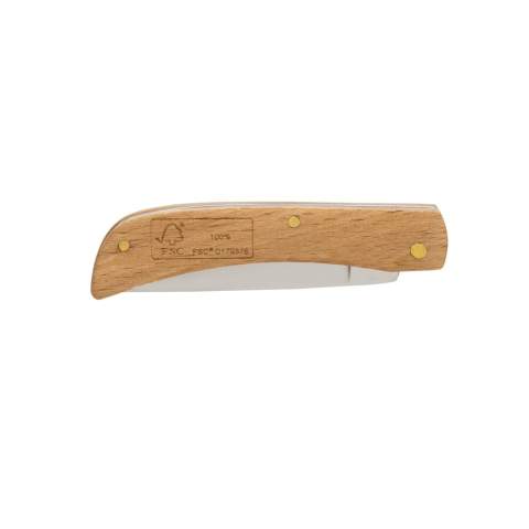 Couteau pliable fabriqué avec du bois de hêtre FSC 100% et une lame en acier inoxydable de qualité (420). Dureté Rockwell 42-52. Emballé dans une boîte en kraft FSC mix.<br /><br />PVC free: true